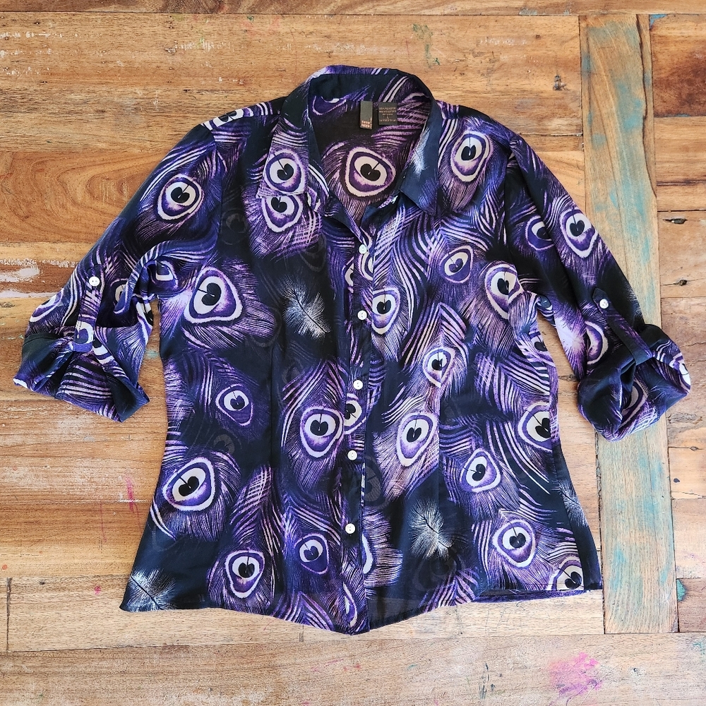 Serenade Womens L Purple Black Sheer Peacock Feather 3/4 Sleeve Button Up Blouse